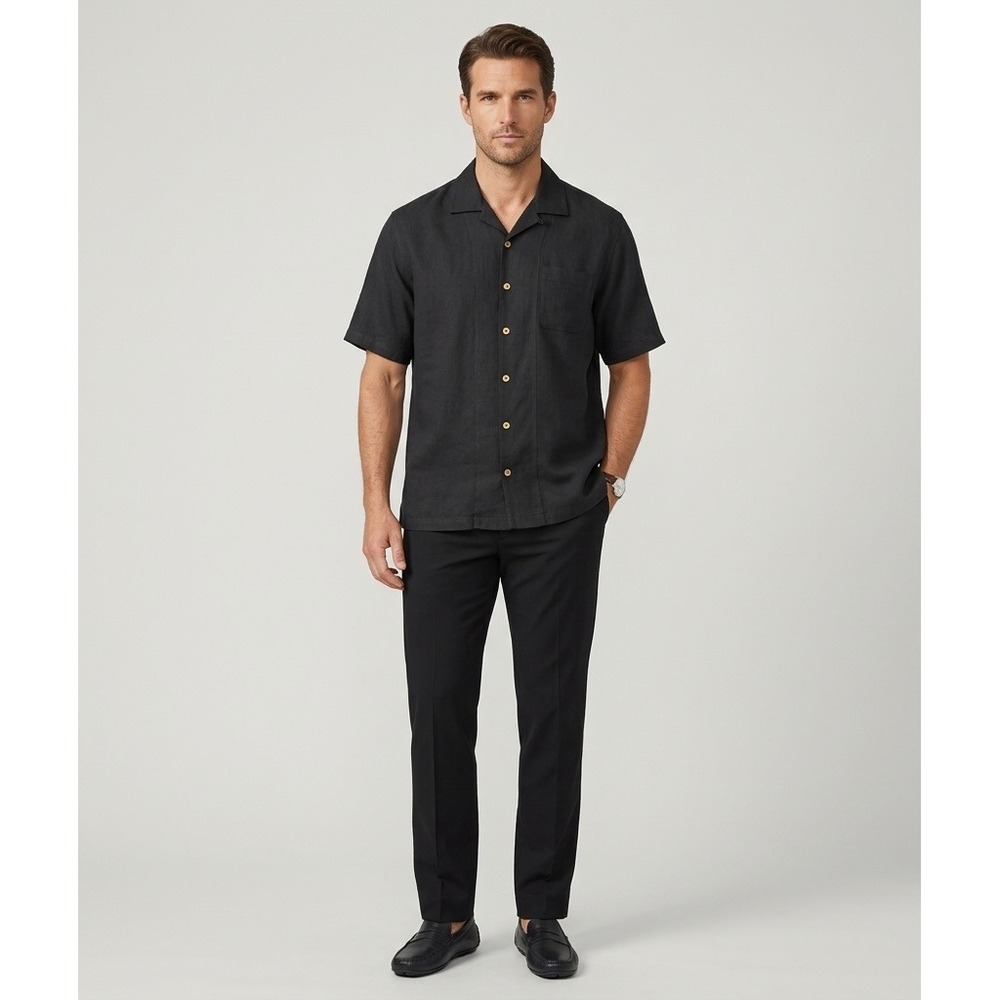 Tommy Bahama Mens Large 100% Silk Herringbone Camp Shirt Black Charcoal T32111